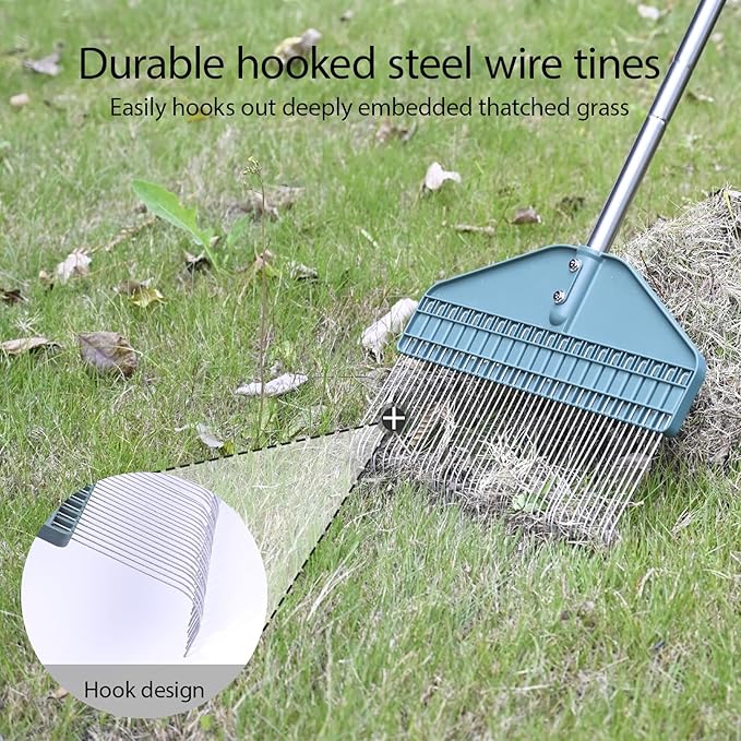 YEELOR Thatch Rake with 66 Inch Adjustable Handle, 17 Inch Wide Durable Dethatcher Rake, Ideal for Garden, Yard and Lawn, Used for Removing Thatch, Pine Needles, Burrs and Acorns