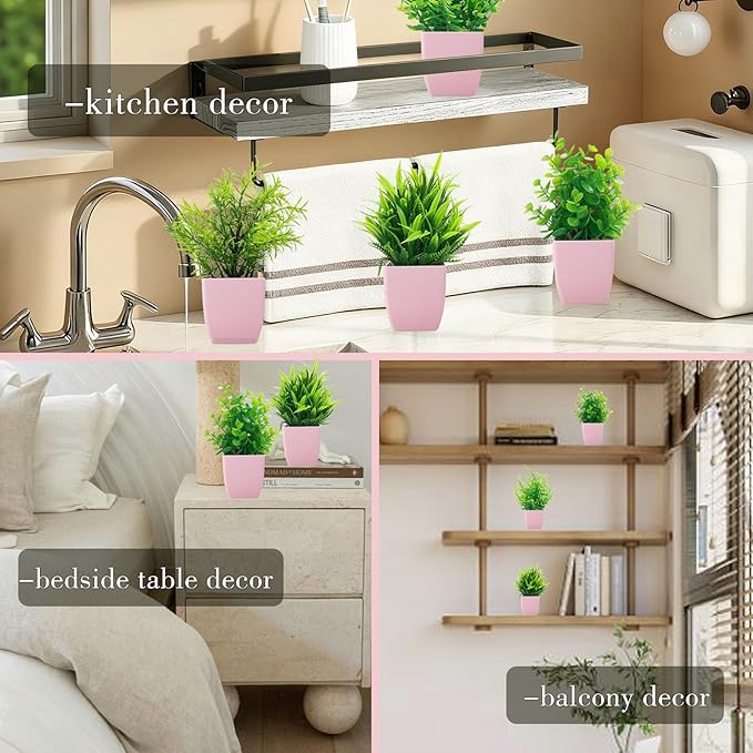 GREENTIME 4 Pack Fake Plants in Pink Pot Mini Artificial Eucalyptus Potted Plant Small Faux Grass Greenery Potted for Indoor Home Office Farmhouse Bathroom Table Decoration
