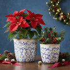 Vintage Ceramic Planter with Drainage Hole, Plastic Tray & Mesh, 5.5 Inch - Indoor/Outdoor Flower Pot, Blue Floral Rustic Farmhouse Design Plant pot for Home, Office & Garden Décor, Ideal Gift