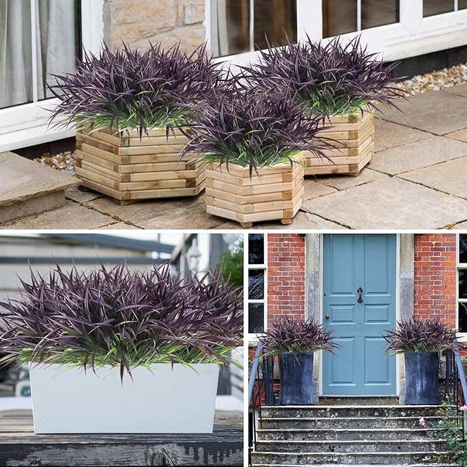 Ouddy Decor 16 Bundles Artificial Plants Outdoor Fake Grass Greenery Stems UV Resistant Faux Plastic Plants Shrubs for Spring Summer Garden Pathway Window Box Farmhouse Front Porch Home Decor, Purple