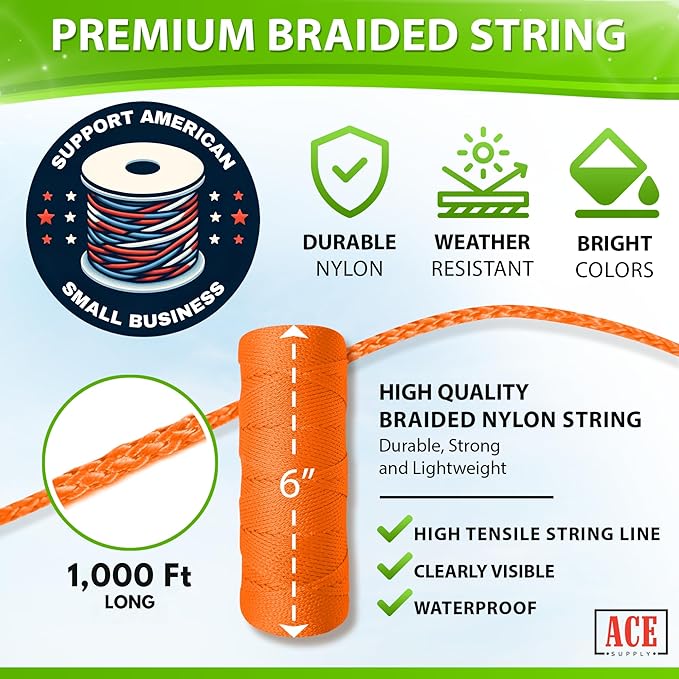 Orange Mason Line String Line - 36 Roll Pack - #18 Braided Nylon String - 1000 Ft Length Per Roll - Nylon Twine for Gardening Or Masonry Tools - Perfect Construction String for A String Level