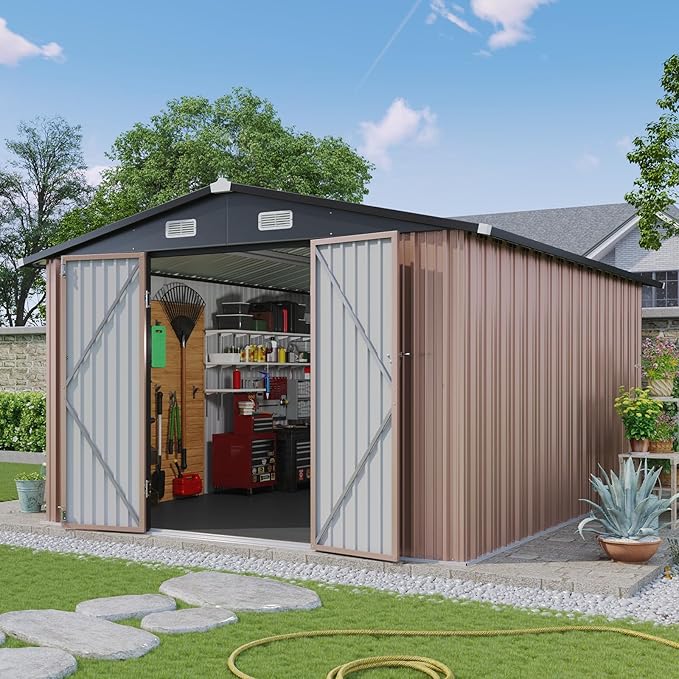 Aoxun 10x12 Shed with Brown Floor Galvanized Steel Outdoor Storage Shed Metal Garden Shed with Moisture-Proof Floor & Ventilation, Sloped Roof for Bike/Generator/Tool Storage (Brown with Floor)