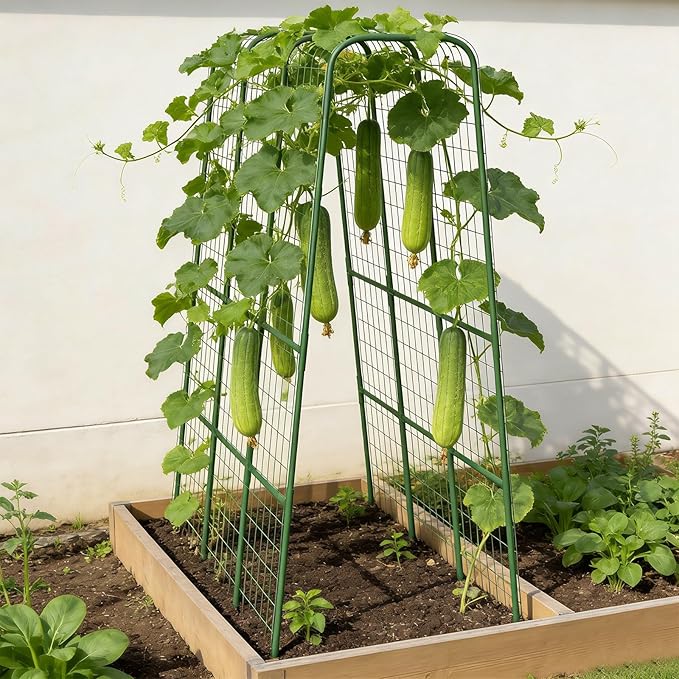 Cucumber Trellis for Raised Bed, 63" Heavy Duty U-Shape Garden Trellis for Climbing Plants Outdoor, Rustproof Plastic Metal Arch Vegetables Trellis Plant Support for Vine, Fruits, Beans and Flowers