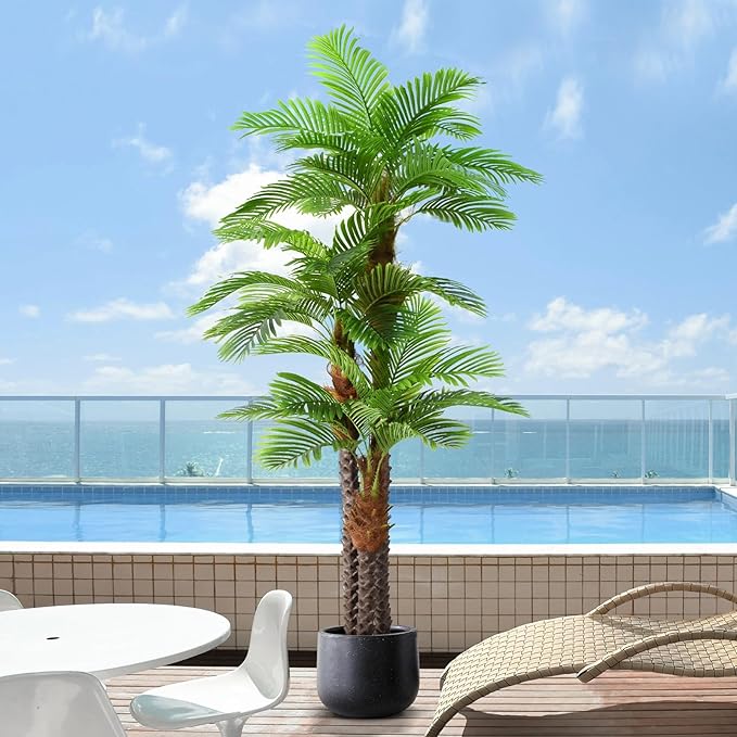 8.5ft Tall Artificial Palm Tree for Outdoors - Triple Phoenix Palm, UV Resistant, Large Fake Silk Palm Tree - Perfect for Patio, Poolside, Home Indoor Aesthetic Decor