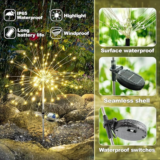 Anordsem Solar Lights Outdoor Waterproof: 4 Pack Garden Light - Bendable Copper Wire with 120 LED Firework Beads - DIY Warm Fun Decoration for Yard Patio - Twinkle Sparkler Gifts for Women Wife