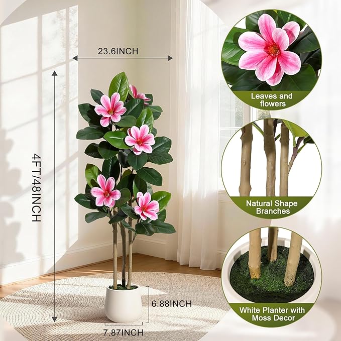 Fiddle Leaf Fig Tree 4FT Tall Artificial Plant, Large Fake Tree in White Planter, Faux Rubber Tree Fake Floor Plant with Magnolia Flowers - Artificial Tree for Home Office Living Room Decor, Pink