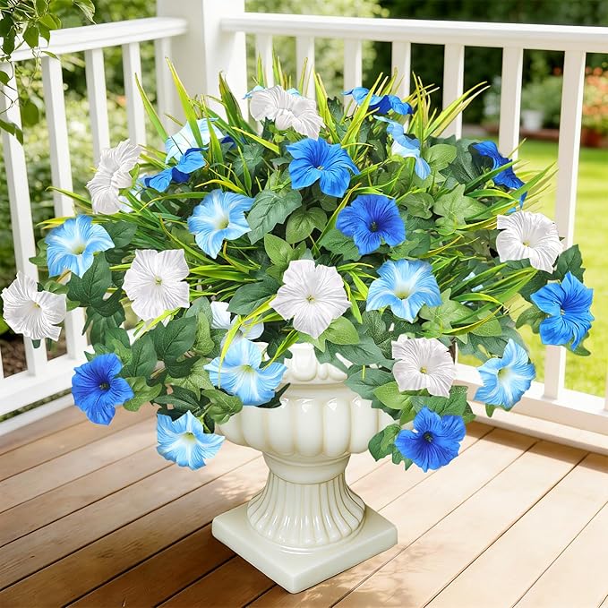 Artificial Flowers Plants for Outdoors, 6PCS UV Resistant Faux Flowers Outdoor Plants, Fake Petunias Silk Flowers for Garden Balcony Yard Porch Decor (White Blue)