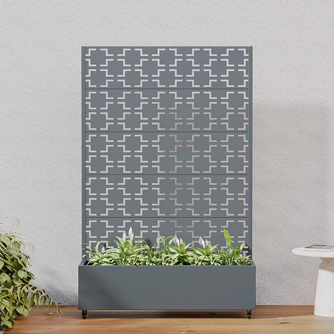 Casaphoria Metal Raised Garden Bed with Trellis and Wheels, 72"x47"x16" Arched Planter Box for Climbing Plants, Vegetables & Vines, Features Drainage Holes and Privacy Screen, Grey-Square