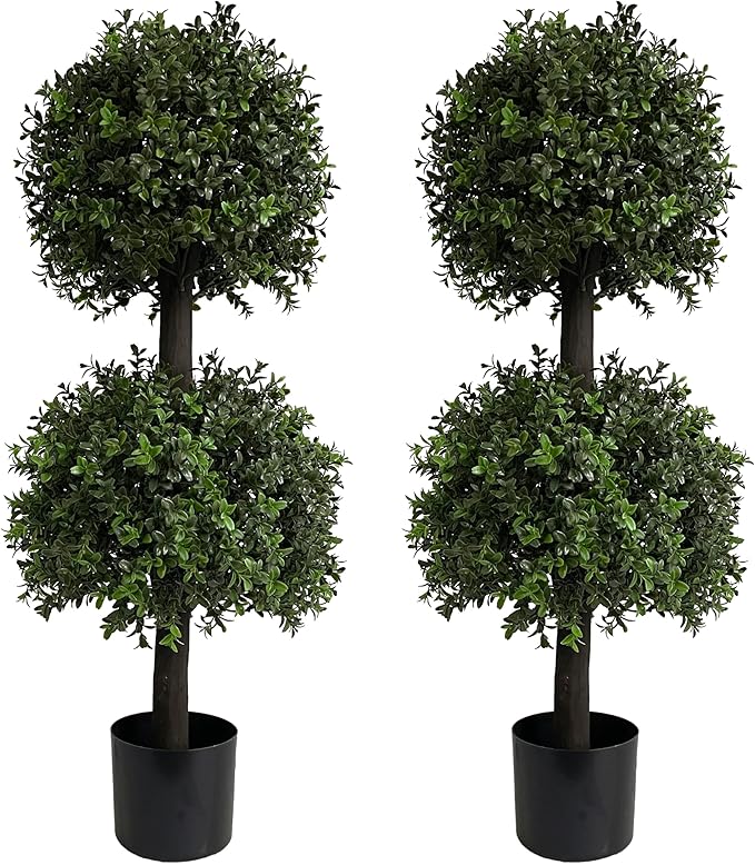 ALL SEASON GREEN 3ft Topiary Trees Artificial Outdoor Double Ball Shape Boxwood Topiary UV Resistant, Front Porch Decor Set of 2