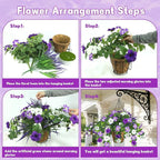 2 Pack Artificial Flowers Hanging Baskets for Outdoors, 10 PCS UV Resistant Faux Outdoor Plants, Fake Petunias Silk Flowers for Garden Balcony Yard Porch Decor (White Green Purple)