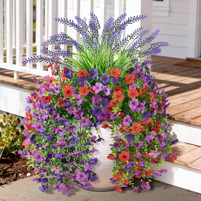 Artificial Fake Hanging Flowers Plants for Outdoor Outside Decoration, Faux Silk Daisy Flower Realistic UV Resistant for Front Porch Patio Balcony Garden Yard Indoor Planter Home Decor(Purple Red)
