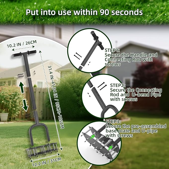 Lawn Aerator Tool for Clay Soil - Kick to Unclog & Bolt-On Base Never Breaks - 11 Heavy Duty 3.5” Spikes for Deeper Penetration - Pre Assembled 12.2x6” Plate