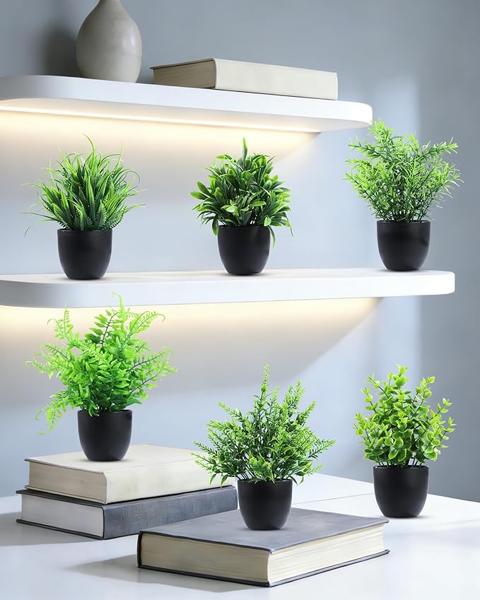 Clearain Fake Plants 6 Packs Artificial Plants Small Faux Plants Black Bathroom Accessories for Bathroom Home Kitchen Coffee Table Office Desk Decor Indoor (Black)