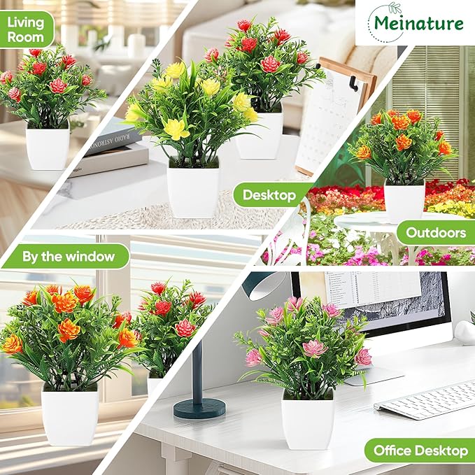 4 Pack Small Artificial Plants with Flowers - Mini Fake Potted Plants for Home Decor Indoor, Office Desk, Bathroom, Shelf, Table Decorations