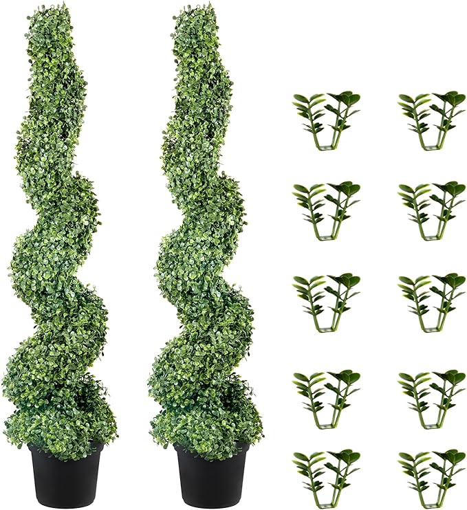 VEVOR Artificial Boxwood Spiral Topiary Trees, 4ft Tall (2 Pieces) Faux Plant Outdoor, All-Year Green Fake Plant with Replaceable Leaves for Decorative/Indoor/Porch/Garden