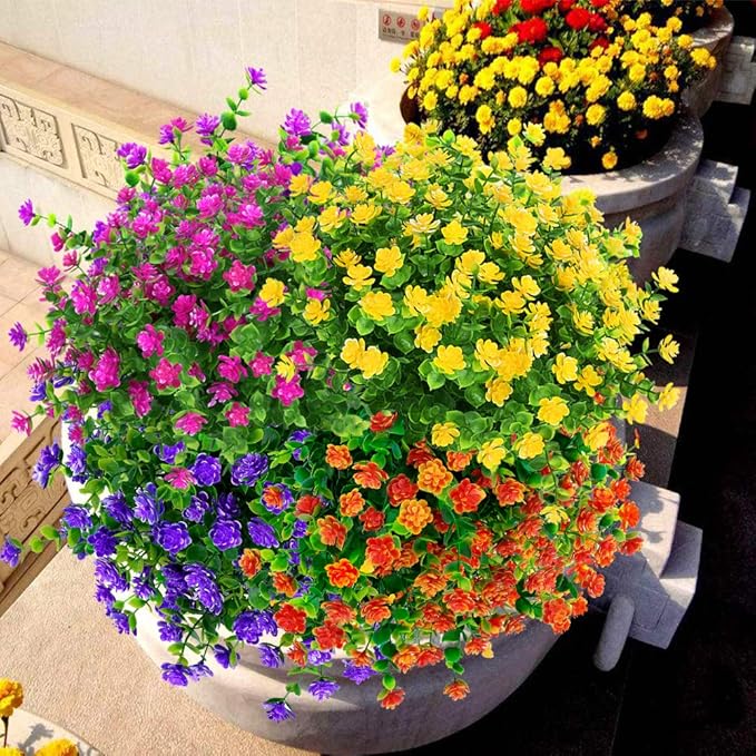 24 Bundles Outdoor Artificial Flowers UV Resistant Fake Boxwood Plants, Faux Greenery for Indoor Outside Hanging Plants Garden Porch Window Box Home Wedding Farmhouse Décor (Yellow)