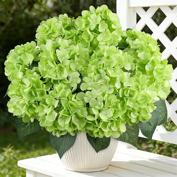 AGIRL 3 Bundles Green Artificial Hydrangea Flowers for Outdoors, UV Resistant Lifelike Faux Flowers for Spring Indoor Outdoor Garden Patio Porch Balcony Home Decoration Wedding Party Centerpieces