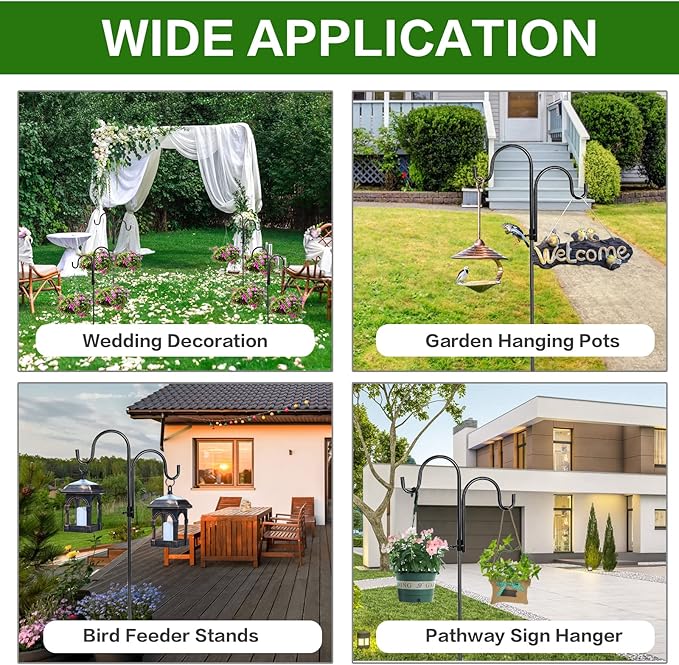2 PCS Adjustable Double Shepherds Hook for Outdoor 47 inch Garden Shepherds Hook Garden Hanging Holder for Solar Lights Lanterns Bird Cages Weddings Plant Baskets