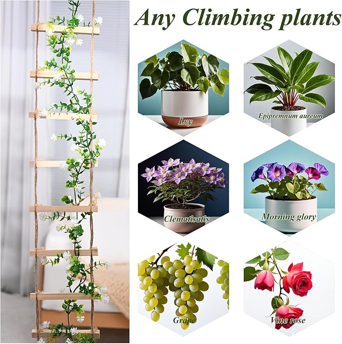 Yohsnor 2PCS Chain Trellis for Climbing Plants - Natural Wood Indoor Plant Support, Durable 6.5 Inch by 4 Feet Design, Perfect for Pothos, Ivy, and Vines with Easy Installation Hook