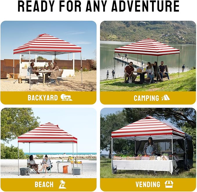 CROWN SHADES 10x10 Pop Up Canopy - Beach Tent with One Push Setup - Easy Outdoor Sun Shade for Events, Parties, Camping - Gazebo with STO-N-Go Cover Bag, Silver Coated Top, Red Strips