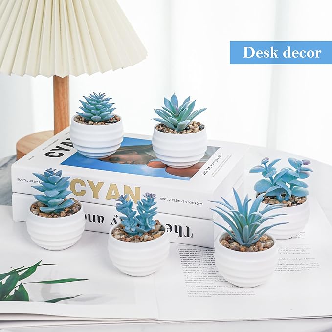 Der Rose 6 Pack Blue Succulents Plants Artificial in Pots Small Fake Plants for Blue Bathroom Bedroom Home Decor Aesthetic Home Decor