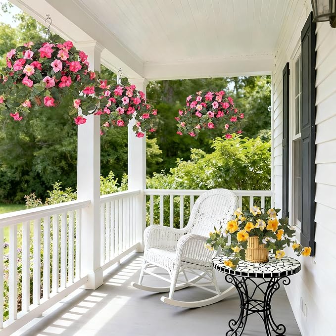 Ammyoo Artificial Fake Petunia Flowers for Outdoor Decoration, 2PCS Faux Silk Petunias Flower for Spring UV Resistant No Fade Realistic Plants for Garden Balcony Yard Porch Indoor Decor(Double Pink)
