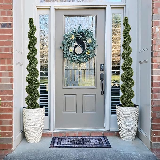 THE BLOOM TIMES 7 Foot Large Spiral Topiary Trees Artificial Outdoor Set of 2, Faux Boxwood Plants Outside - All-Year Green Fake Tall Tree for Home Office Front Porch Planter Decor 7ft