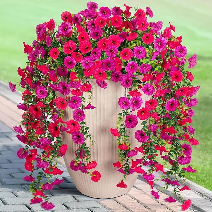 Artificial Hanging Petunias Flowers for Outdoor, 2pcs Fake Plants Long Vine Morning Glory Eucalyptus, UV Resistant Realistic Faux Greenery Outside Patio Porch Garden Spring Decor, Purple Hot Pink
