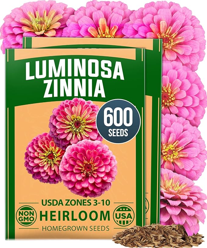 HOME GROWN Pink Zinnia Seeds – 600 Luminosa Zinnias 1g, Easy to Grow Annual Flower Seeds for Planting Outdoors for 2026, Fast Blooming, Heat Tolerant Herb Seed Garden Companion (Zinnia elegans)