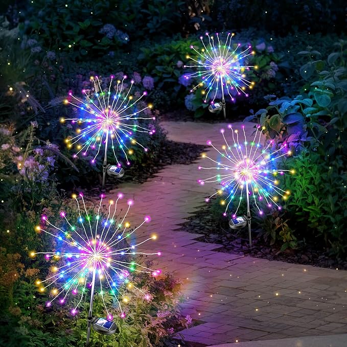 Anordsem Solar Lights Outdoor Waterproof: 4 Pack Garden Light - Bendable Copper Wire with 120 LED Firework Beads - DIY Colorful Fun Decoration for Yard Patio - Twinkle Sparkler Gifts for Women Wife