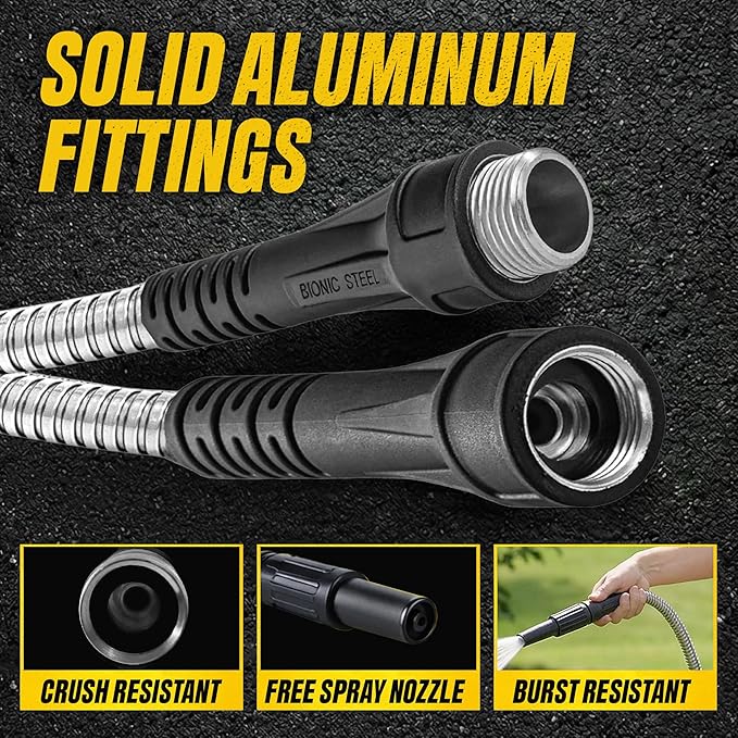 BIONIC STEEL 100 Ft Metal Garden Hose with Sprayer Nozzle, Non Kinking Designed Stainless Steel Heavy Duty Water Hose 100 Ft x 5/8 in. Flexible NON Expandable for Uninterrupted Water Flow, 500 PSI