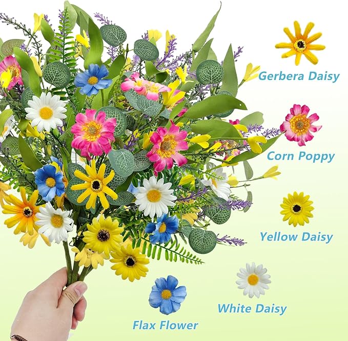 4 Bundles Artificial Daisy Flowers Bouquet Fake Wildflowers Silk Spring Floral Stems Arrangements for Home Indoor Living Room Kitchen Table Vase Wedding Party Decor