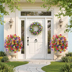 Alupssuc 2Pcs 20" Artificial Topiary Ball Flowers, Spring Outdoor Decoration with Spike, UV Resistant Faux Summer Plants, Faux Bushes Plants, Red Deep Purple Yellow Pink for Garden, Porch Decor