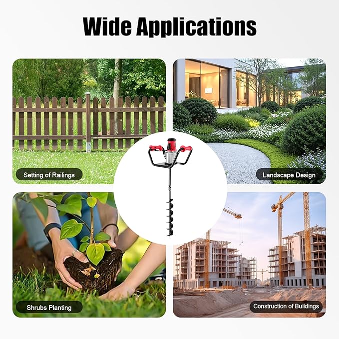 1500W Electric Post Hole Digger with 4-inch Auger Bit & 11.81inch Extension Rod, 1.6HP Pure Copper Motor Earth Auger Fence Post Digger for Post Holes Earth Digger Planting, 190-200 RPM