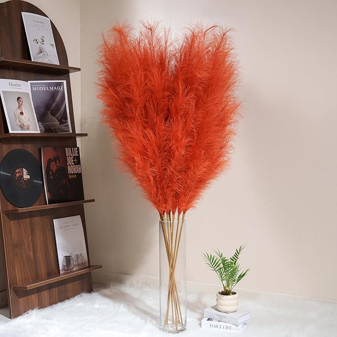 Premium Faux Orange Pampas Grass – 55" Tall Ultra-Fluffy 24-Branch One-Piece Stems No Assembly, Luxury Silk-Feel Feather Flowers for Fall Autumn Boho Home Decor (Tangerine, 8 Stems 140cm)