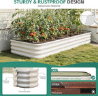 5 in 1Galvanized Raised Garden Bed - 8x3x1ft Modular Garden Planter Bed Outdoor | Steel Raised Bed Kit with Bracing Rods, Gloves for Gardening Vegetables Fruits and Flowers (White)