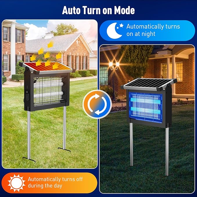Solar Bug Zapper Outdoor Waterproof, Mosquito Zapper USB-C Rechargeable Solar Bug Zapper Outdoor, 4500V Electric Bug Zapper, Mosquito Trap Fly Zapper Killer for Patio Garden Backyard Camping Garage