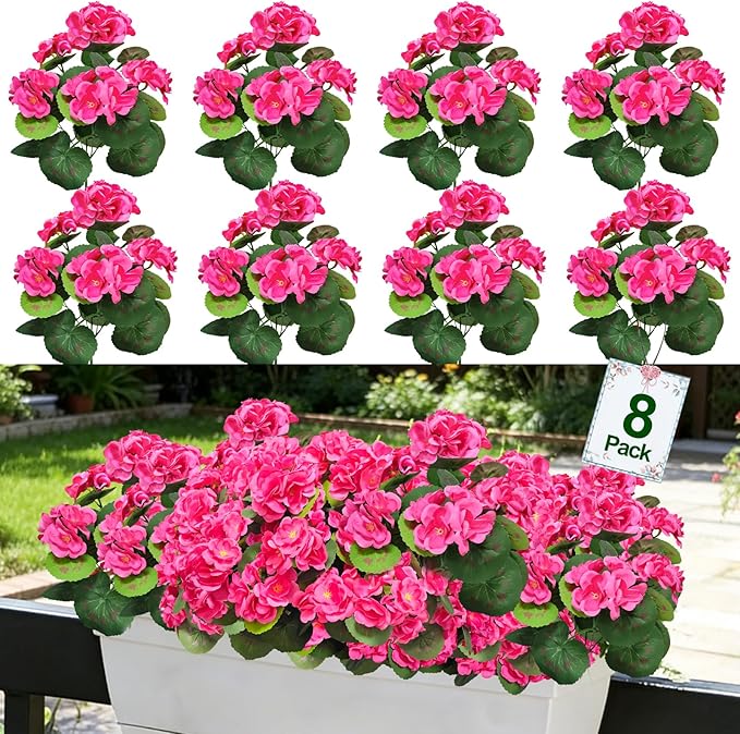 8 Bundles Artificial Geraniums Flowers for Outdoors Summer Decoration, Fake Flowers Silk Pink Flower UV Resistant No Fade Look Real Faux Plants for Porch Gardens Planter Patio Indoor Cemetery Decor