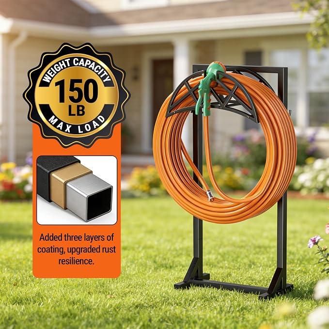 2 Pack Garden Hose Holder, Heavy-Duty Metal Stand with Stable Base & 2 Tool Hooks, Freestanding Storage Rack for Outside, Holds 150ft – Hose Holders for Yard & Lawn