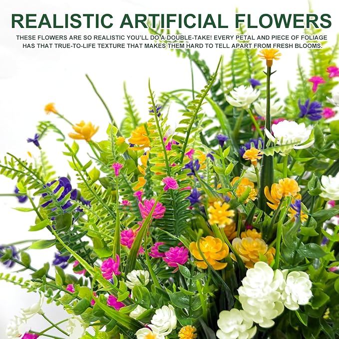 TURNMEON 20 Bundles Artificial Flowers for Outdoors, Spring Grass Camellia Fake Flowers Fern Plants Eucalyptus, UV Resistant No Fade Faux Greenery for Gardens Cemetery Summer Decor(Mixed 6 Styles 2)