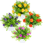TerraVervre Fake Plants 4 Packs,Small Artificial Plants with Flowers, for Bathroom, Office,Home,Conference Table Decor, Indoor Desk Décor