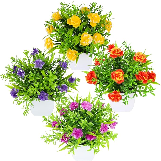 TerraVervre Fake Plants 4 Packs,Small Artificial Plants with Flowers, for Bathroom, Office,Home,Conference Table Decor, Indoor Desk Décor