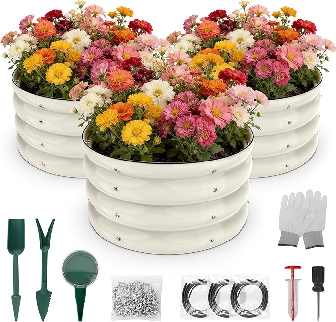 SHALL 8PC Galvanized Raised Garden Bed Kit, 3Pc 2x2x1ft Round Planter Boxes Outdoor W/Mini Seed Spreader, Disk Seeder, 2X Seeding Transplanters, Protective Gloves for Flowers Fruits Vegetables Herbs
