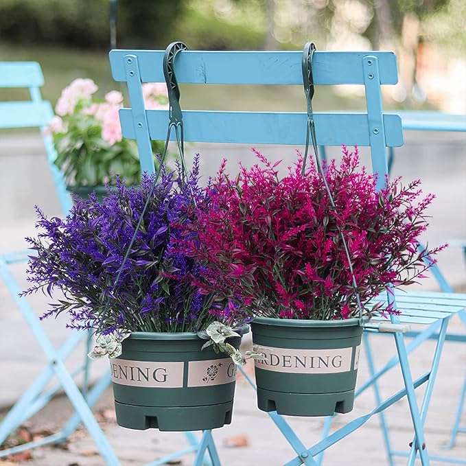 Outdoor Artificial Plant UV Resistant Fake Stems Plants, Faux Plastic Greenery for Indoor Outside Hanging Plants Garden Porch Window Box Home Wedding Farmhouse Outdoor Decorations for Patio(Fuchsia)