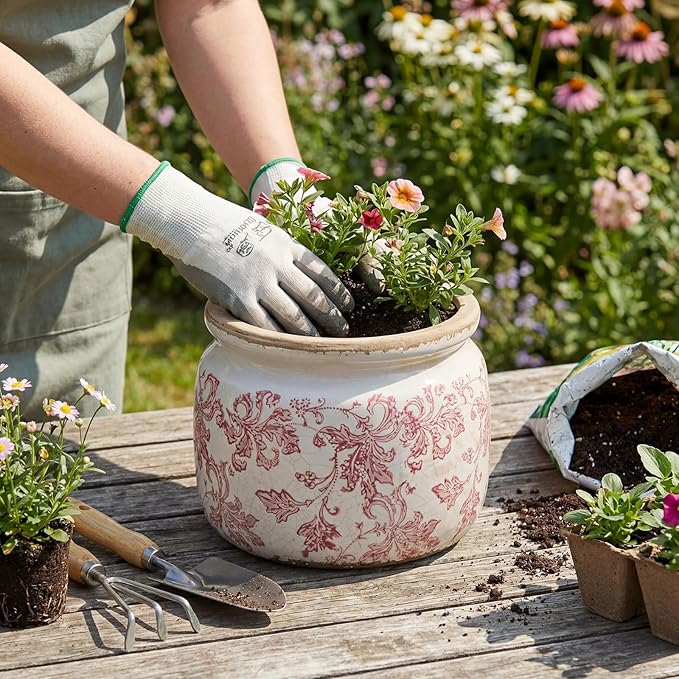 7.7" Large Ceramic Plant Pot Beige Pink Floral Vine Crackle Glaze Rustic Flowers Pot Decorative Planter with Drainage for Indoor Outdoor Plants Home Kitchen Office Decor Gift