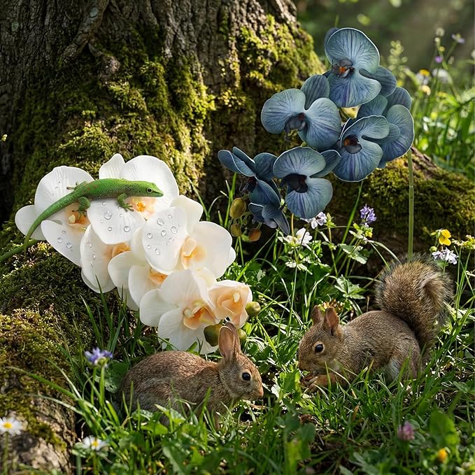 Chuangdi 2 Pcs Artificial Phalaenopsis with Suction Cups Terrarium Plant Decoration Reptile Habitat Plant Decor for Hermit Crab Lizards Geckos Snake(Teal Blue,White,Classical)