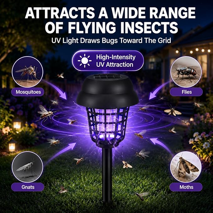 4 Pack Solar Bug Zapper Outdoor Waterproof Solar Powered Mosquito Zapper Repellent Outdoor Patio,Cordless & Auto On/Off Purple White Light Small Fly Insect Zappers for Garden Backyard