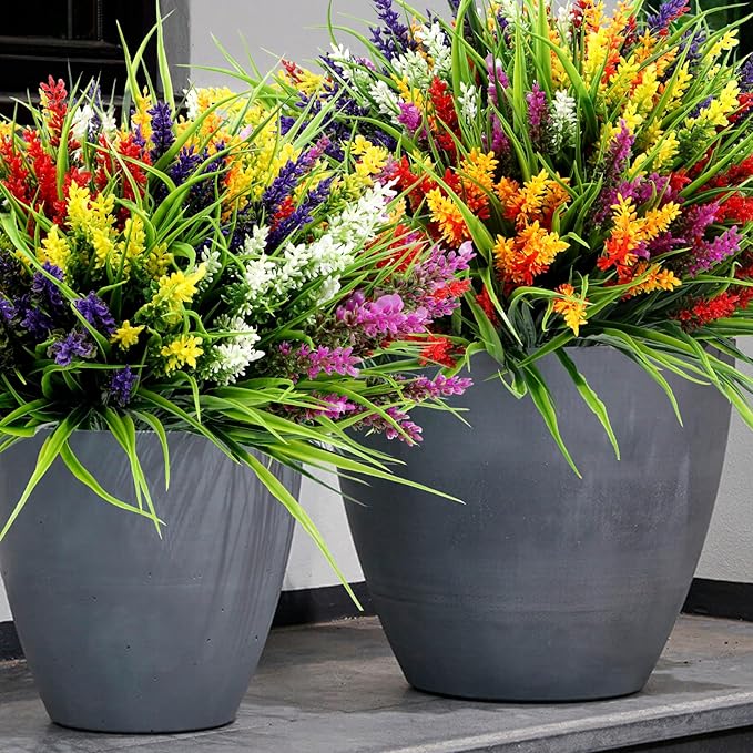 Geegoods Artificial Plants Flowers for Outdoor – 48 Bundles UV Resistant Faux Lavender Flowers with Monkey Grass for Garden Porch Window Patio Hanging Planter Decor