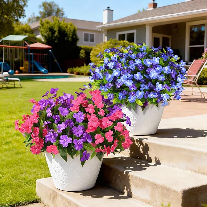 Artificial Impatiens Flowers for Outdoors, 6 Bundles Silk Fake Flowers for Spring Summer Decoration, UV Resistant Faux Plants Plastic Bouquet for Home Planter Porch Patio Yard Decor(Purple Rose Red)