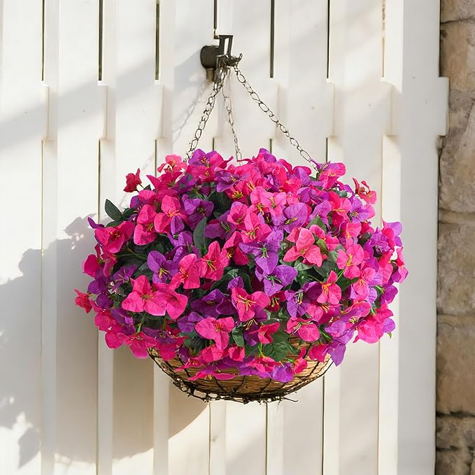 Bougainvillea Artificial Flowers Faux Plants for Outdoors Spring Porch Decor, 4 Bundles UV Resistant Outdoor Fake Bougainvillea Realistic Silk Outside Flowers for Patio Window Planters Garden Home
